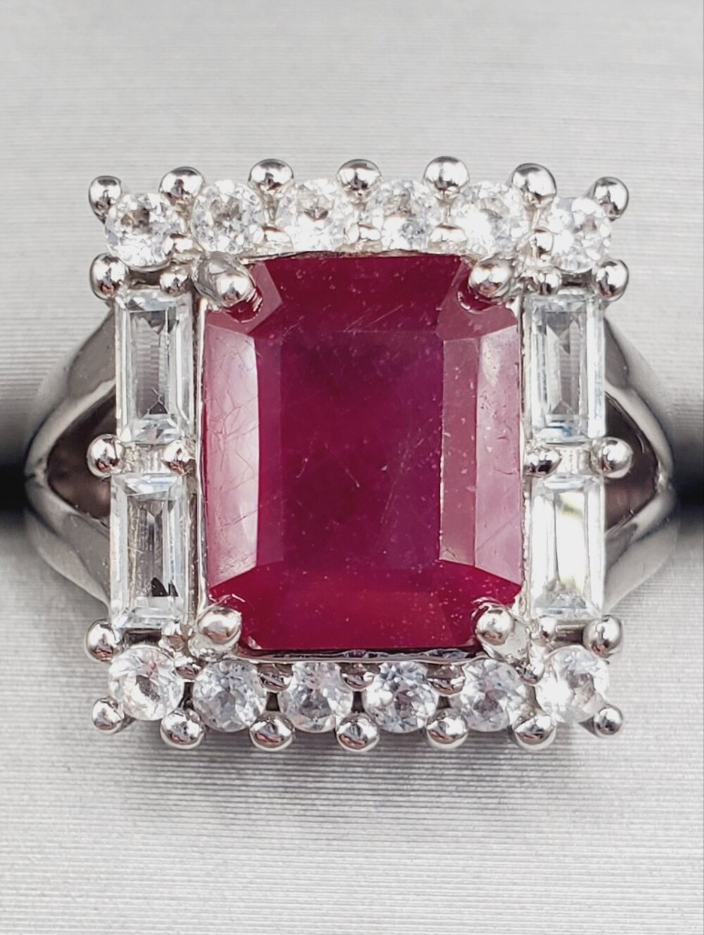 4 Carat Genuine Ruby Center White Topaz Halo Cocktail Ring - 925 Sterling Silver